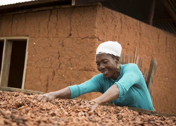 Woman drying Fairtrade certified cocoa beans on her farm in Ghana.