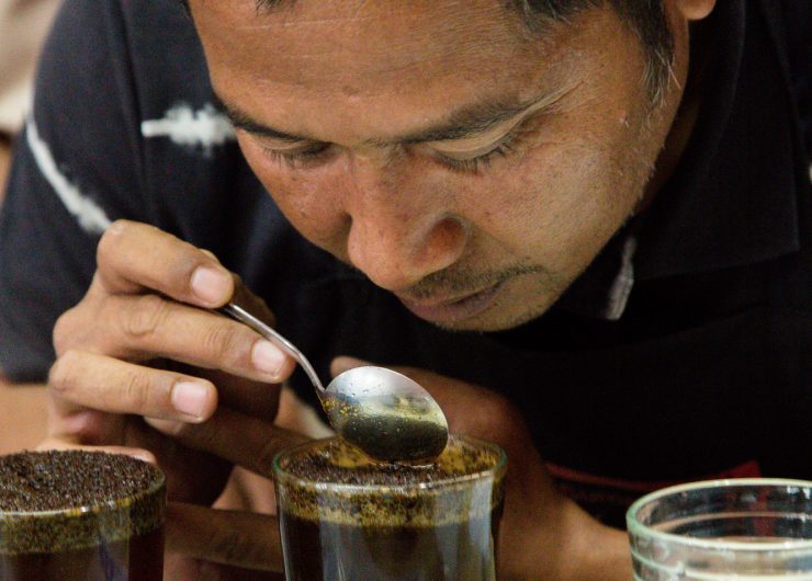 Man sips coffee at a coffee cupping laboratory in Indonesia