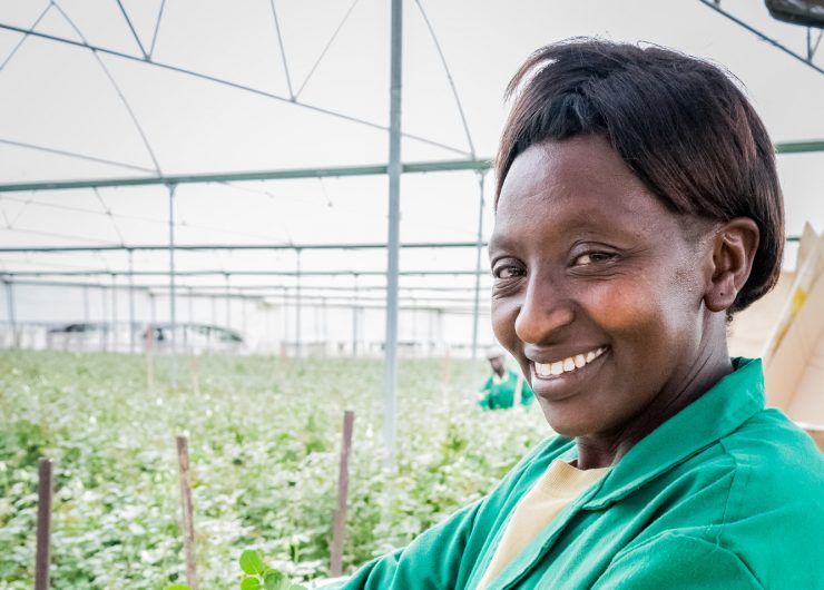 Woman in Kenya holds bundle of Fairtrade certified white roses.