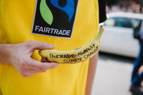 Close up of "Fairtrade against climate change" written on a banana held by a person in a banana costume.