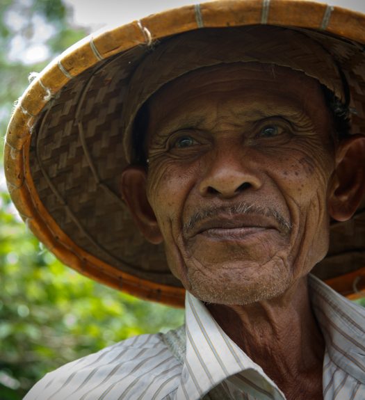 Coffee farmer in broad brimmed hat on his property in Indonesia.