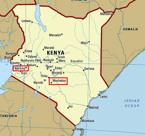 Map of Kenya highlighting Kericho and Machakos in south western and central Kenya, where the Fairtrade Climate Academy took place.