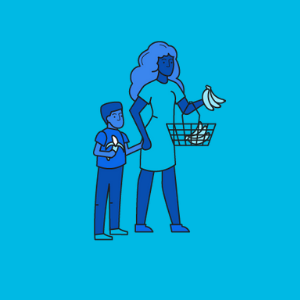 Illustration of a parent and child shopping for bananas.