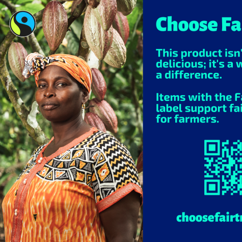 cacao farmer on a shelf talker for Fair Trade Month