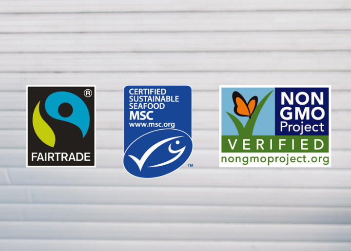 The labels of Fairtrade America, Marine Stewardship Council and Non-GMO Project