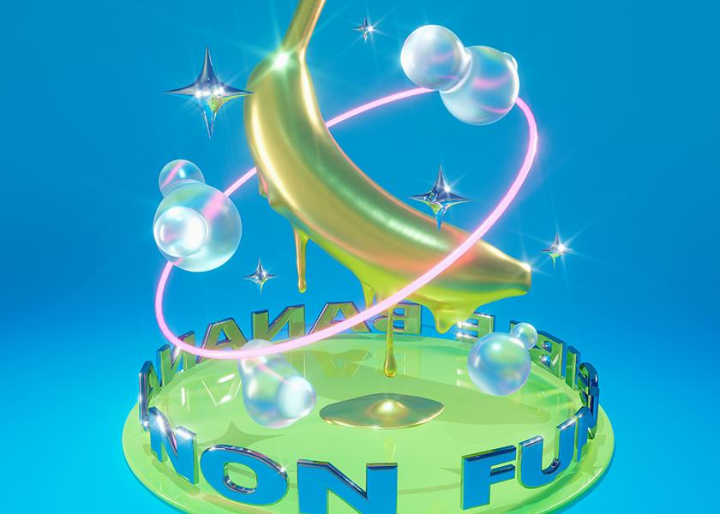 A non-fungible banana rendered in a futuristic space-like style, including bubbles and a pink circle.