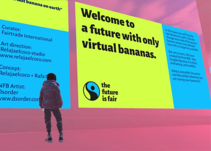 An avatar stands in front of a virtual exhibit. Primary text reads: 