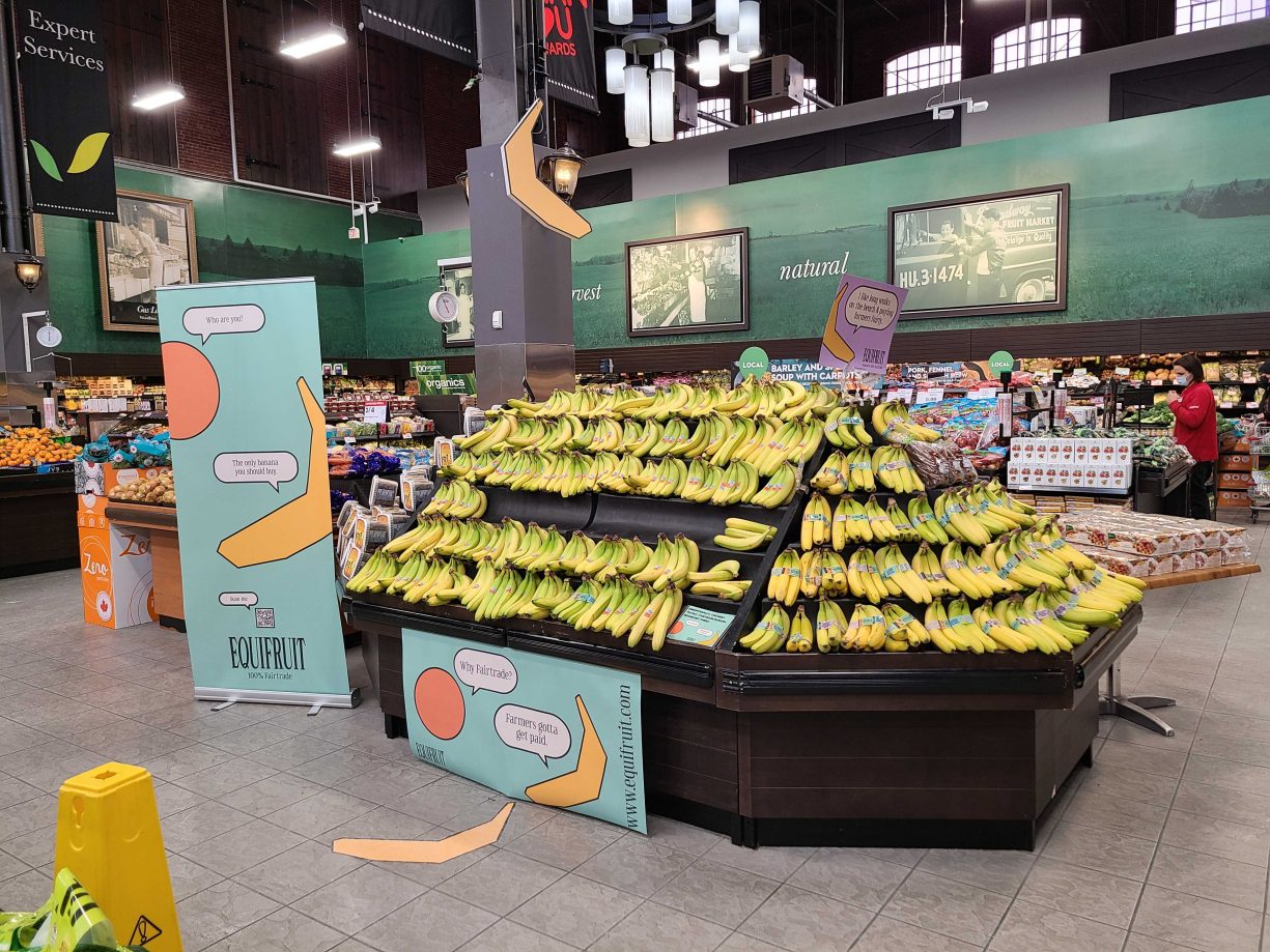 Equifruit banana display at a grocery store.