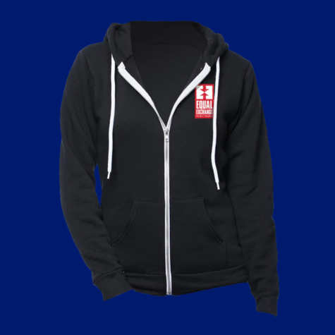 A black Equal Exchange hoodie on a blue background.