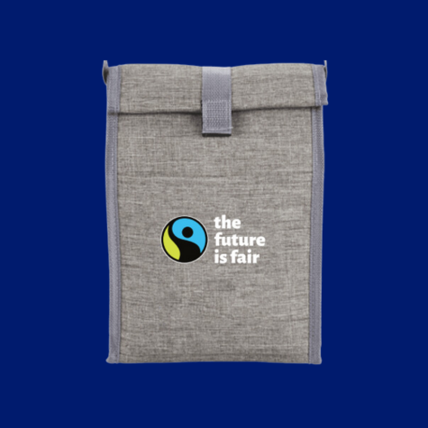 A lunchbag with the Fairtrade America logo and text saying, 
