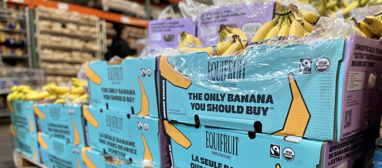 Pallets of Equifruit Fairtrade bananas.