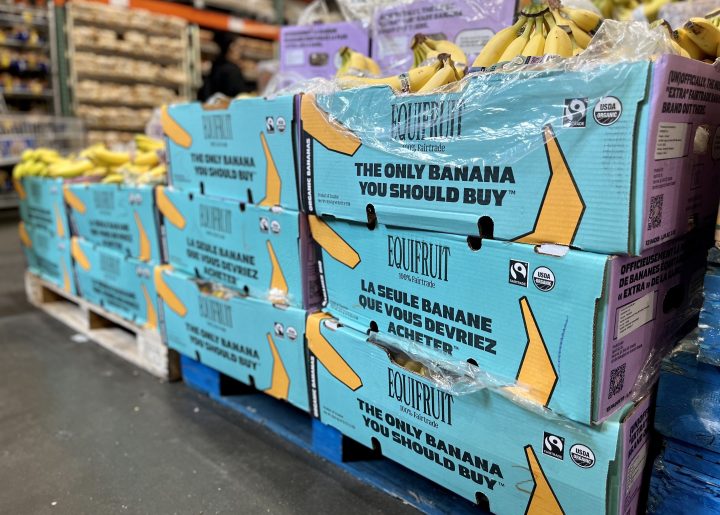 Pallets of Equifruit Fairtrade bananas.