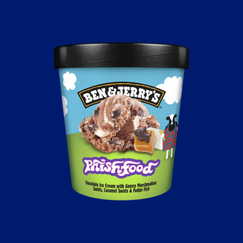 A pint of Ben & Jerry's Phish Food ice cream on a blue background.