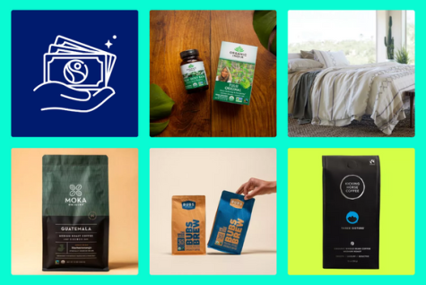 Collage of Fairtrade certified products in rounded squares. The products include Organic India tea, Purecare quilts, Moka Origins coffee, Bubs coffee and Kicking Horse Coffee.
