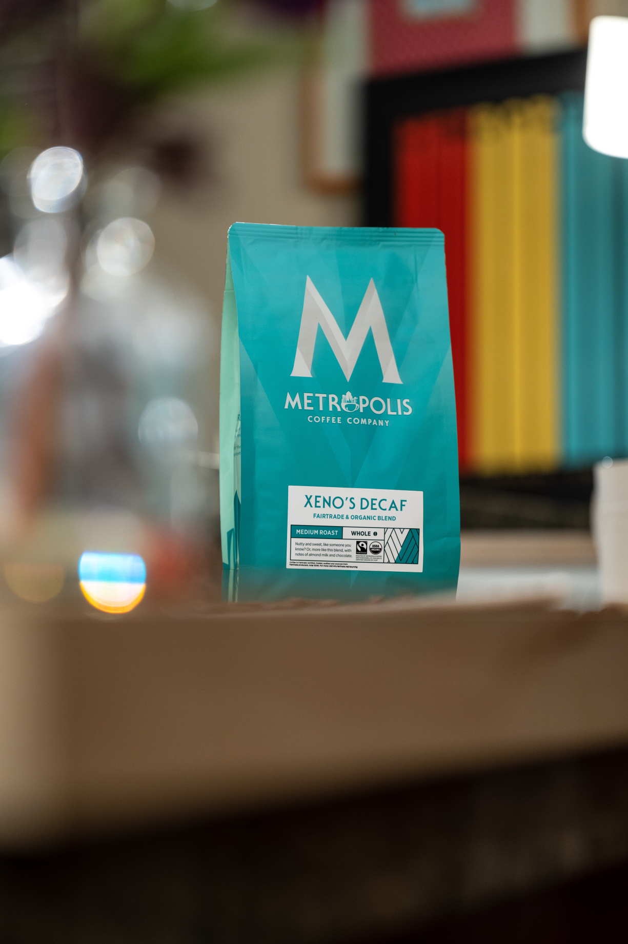 A bag of Metropolis Coffee Company's Xeno's Decaf, Fairtrade, Organic Coffee.