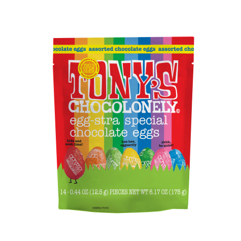 A bag of Tony's Chocolonely easter eggs variety bag