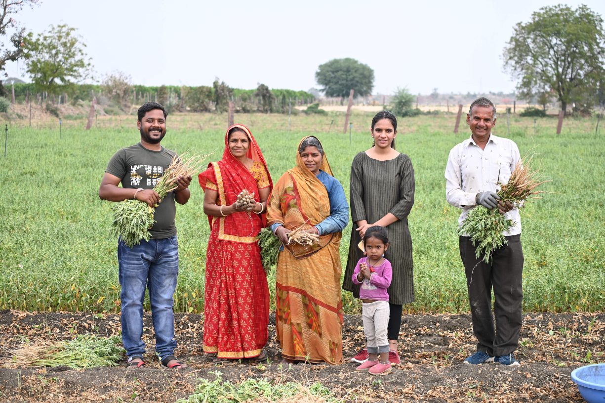 Five adults and one child stand in front of a field. Several of them hold freshly harvested Ashwagandha root.